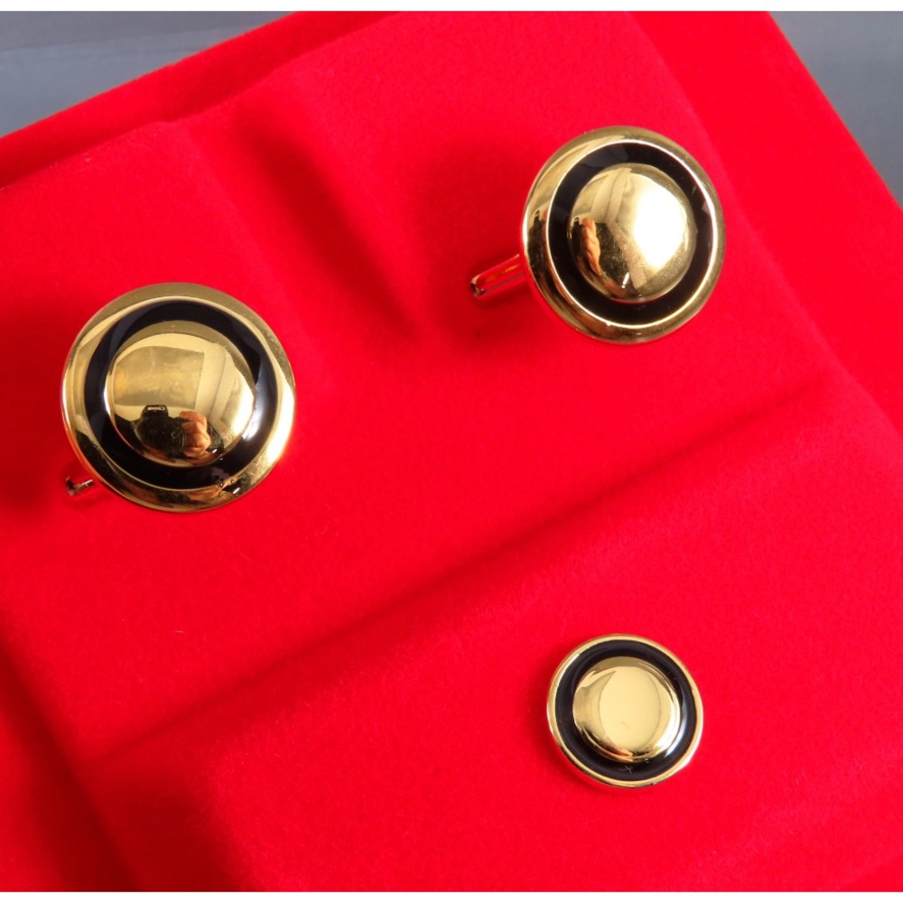 VTG NEW NOS Swank Cufflinks & Tie Tack Pin Set GOLD TONE w/BLACK ENAMEL Round